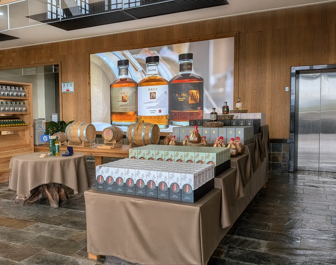 The shop at ManCheng Distillery, with RAISE whisky, shochu, camellia oil and plum liqueur on display