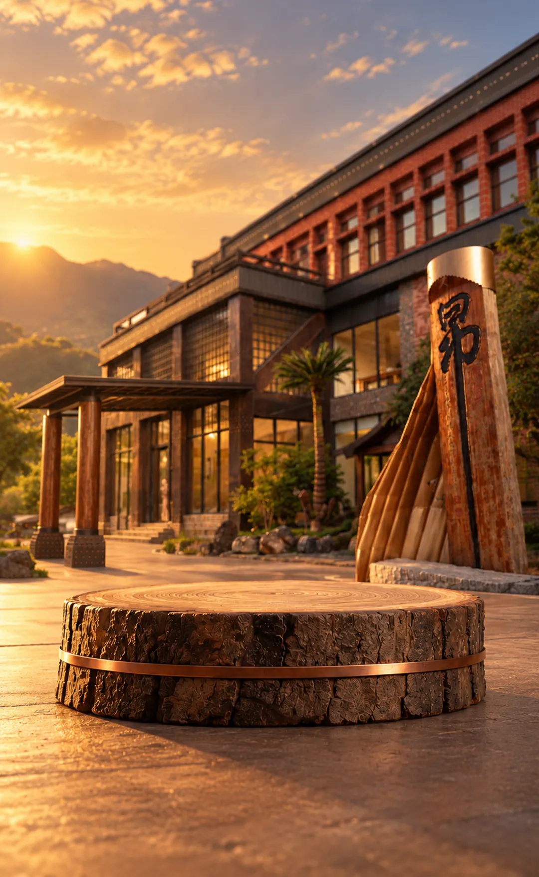 The three RAISE whiskies on an oak stand in front of ManCheng Distillery